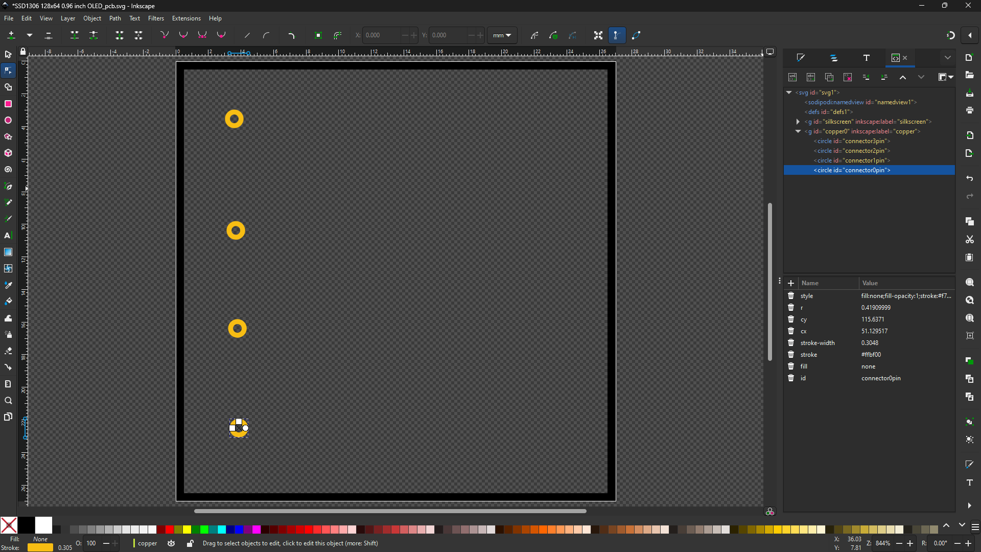 PCB view SSD1306 128x64 XML individual copper circles